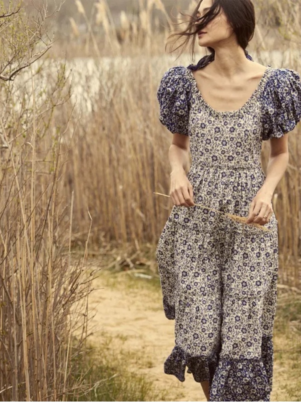 *rare* Doen Simonetta Navy and White Floral Puff-Sleeve Midi Dress